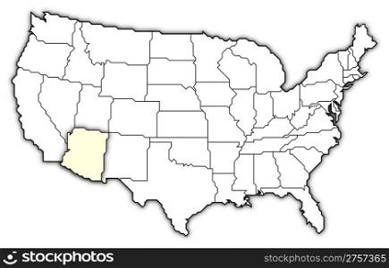 Map of the United States, Arizona highlighted. Political map of United States with the several states where Arizona is highlighted.
