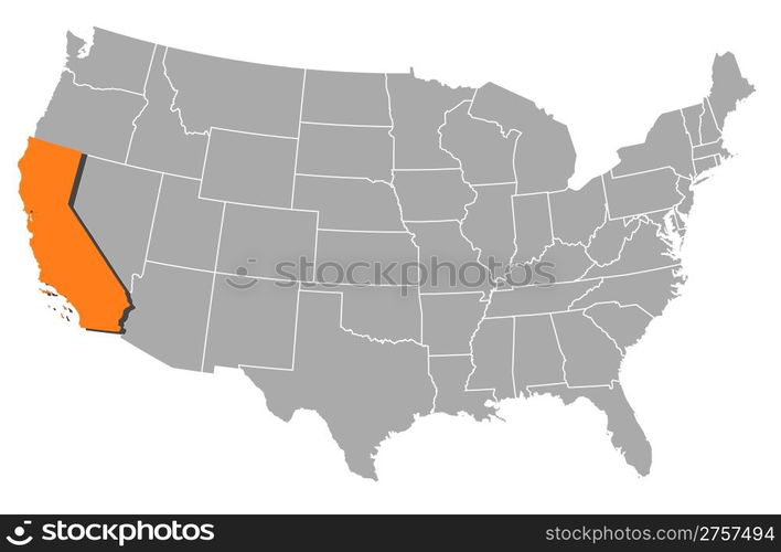 Map of the United States, California highlighted. Political map of ...