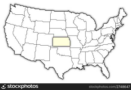 Map of the United States, Kansas highlighted. Political map of United States with the several states where Kansas is highlighted.