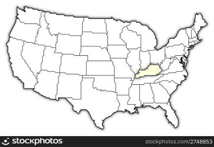 Map of the United States, Kentucky highlighted. Political map of United States with the several states where Kentucky is highlighted.