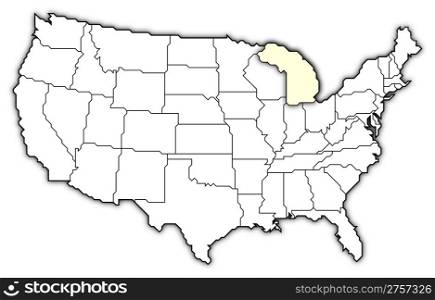 Map of the United States, Michigan highlighted. Political map of United States with the several states where Michigan is highlighted.