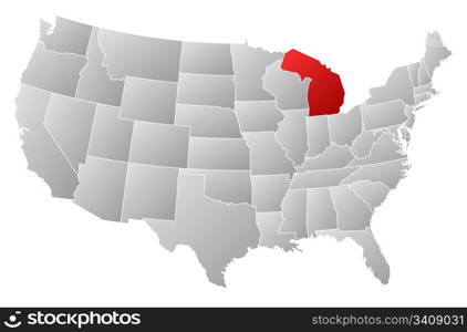 Map of the United States, Michigan highlighted. Political map of United States with the several states where Michigan is highlighted.