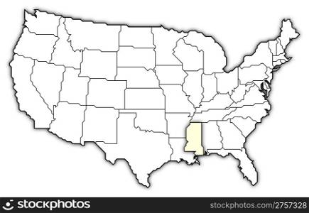 Map of the United States, Mississippi highlighted. Political map of United States with the several states where Mississippi is highlighted.