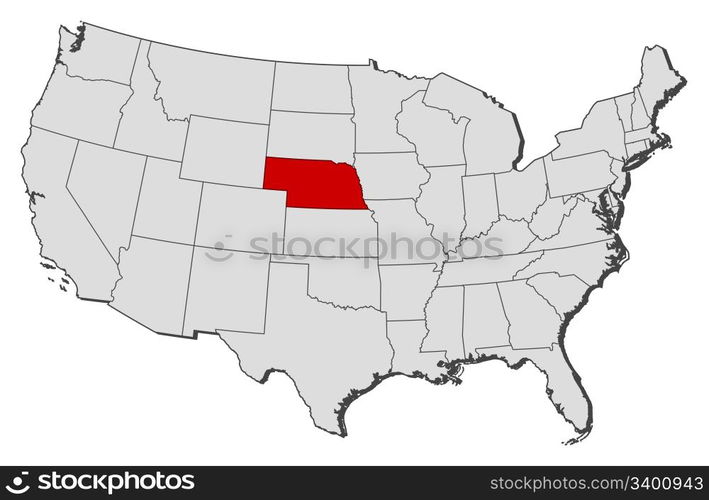 Map of the United States, Nebraska highlighted. Political map of United