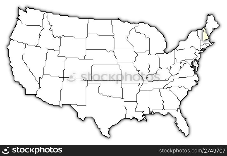 Map of the United States, New Hampshire highlighted. Political map of United States with the several states where New Hampshire is highlighted.