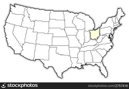 Map of the United States, Ohio highlighted. Political map of United States with the several states where Ohio is highlighted.