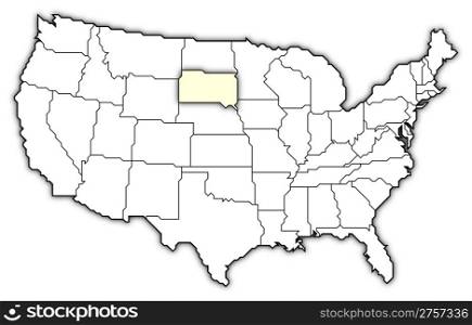 Map of the United States, South Dakota highlighted. Political map of United States with the several states where South Dakota is highlighted.