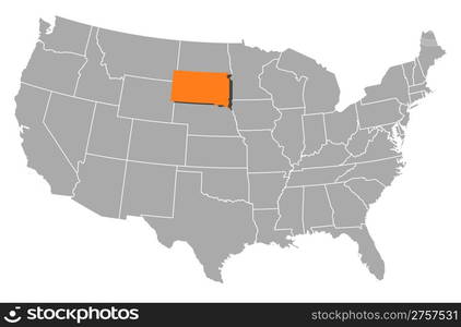 Map of the United States, South Dakota highlighted. Political map of United States with the several states where South Dakota is highlighted.