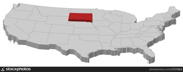 Map of the United States, South Dakota highlighted. Political map of United States with the several states where South Dakota is highlighted.