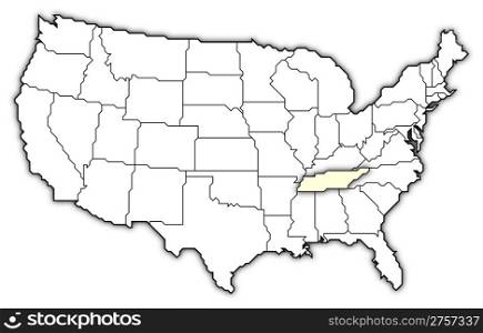 Map of the United States, Tennessee highlighted. Political map of United States with the several states where Tennessee is highlighted.
