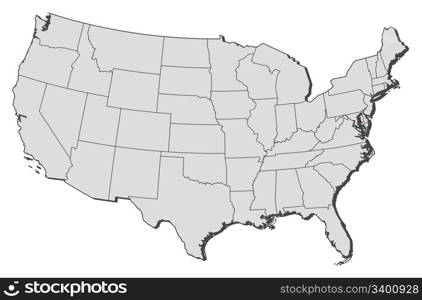 Map of the United States, Washington, D.C. highlighted. Political map of United States with the several states where Washington, D.C. is highlighted.