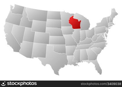 Map of the United States, Wisconsin highlighted. Political map of United States with the several states where Wisconsin is highlighted.