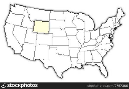 Map of the United States, Wyoming highlighted. Political map of United States with the several states where Wyoming is highlighted.