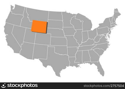 Map of the United States, Wyoming highlighted. Political map of United States with the several states where Wyoming is highlighted.