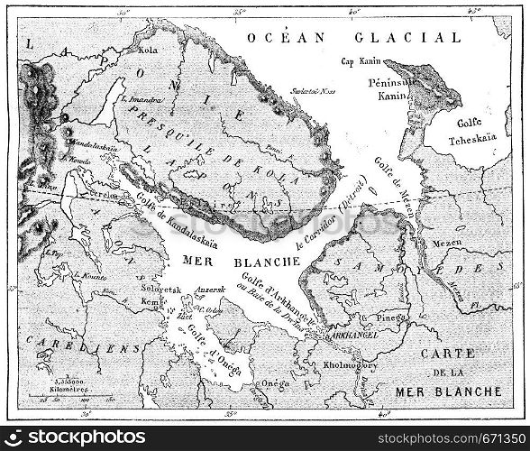Map of the White Sea, vintage engraved illustration. Le Tour du Monde, Travel Journal, (1872).