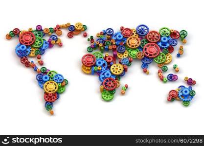 Map of the world from gears. Global economy connections and international business concept. 3d