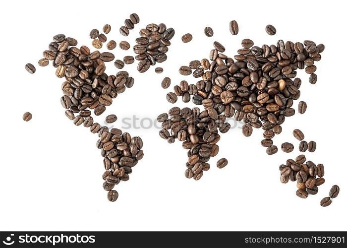 Map of the world made of roasted coffee beans isolated on white background. World of coffee conceptual image.. Map of the world made of roasted coffee beans isolated on white background.