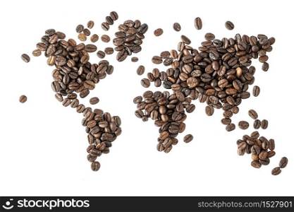 Map of the world made of roasted coffee beans isolated on white background. World of coffee conceptual image.. Map of the world made of roasted coffee beans isolated on white background.