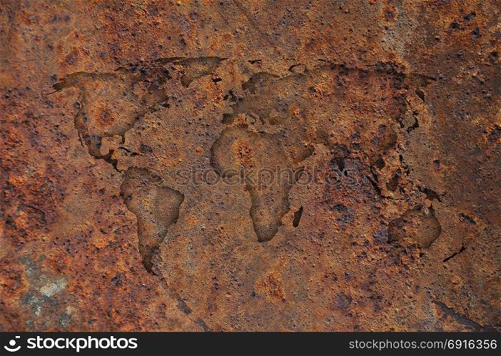 Map of the world on rusty metal
