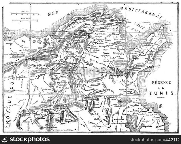 Map of Tunisia, vintage engraved illustration. Journal des Voyage, Travel Journal, (1880-81).