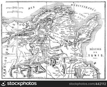 Map of Tunisia, vintage engraved illustration. Journal des Voyage, Travel Journal, (1880-81).