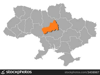 Map of Ukraine, Cherkasy highlighted. Political map of Ukraine with the several oblasts where Cherkasy is highlighted.