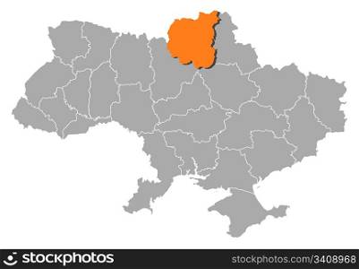 Map of Ukraine, Chernihiv highlighted. Political map of Ukraine with the several oblasts where Chernihiv is highlighted.