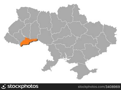 Map of Ukraine, Chernivtsi highlighted. Political map of Ukraine with the several oblasts where Chernivtsi is highlighted.