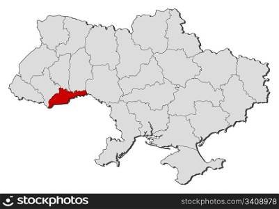 Map of Ukraine, Chernivtsi highlighted. Political map of Ukraine with the several oblasts where Chernivtsi is highlighted.