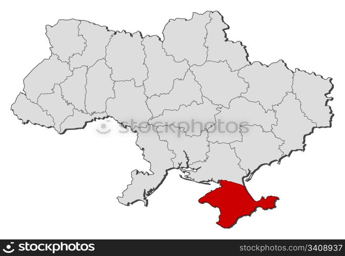 Map of Ukraine, Crimea highlighted. Political map of Ukraine with the several oblasts where Crimea is highlighted.