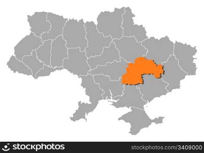 Map of Ukraine, Dnipropetrovsk highlighted. Political map of Ukraine with the several oblasts where Dnipropetrovsk is highlighted.