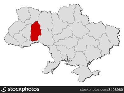 Map of Ukraine, Khmelnytskyi highlighted. Political map of Ukraine with the several oblasts where Khmelnytskyi is highlighted.