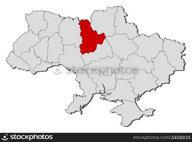 Map of Ukraine, Kiev highlighted. Political map of Ukraine with the several oblasts where Kiev is highlighted.