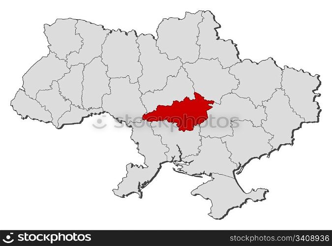Map of Ukraine, Kirovohrad highlighted. Political map of Ukraine with the several oblasts where Kirovohrad is highlighted.