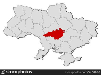 Map of Ukraine, Kirovohrad highlighted. Political map of Ukraine with the several oblasts where Kirovohrad is highlighted.