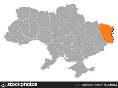 Map of Ukraine, Luhansk highlighted. Political map of Ukraine with the several oblasts where Luhansk is highlighted.