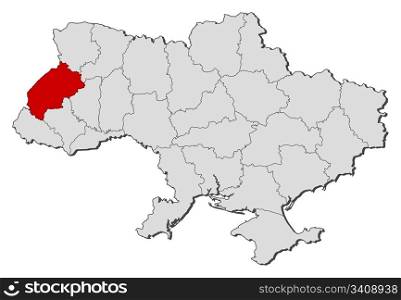 Map of Ukraine, Lviv highlighted. Political map of Ukraine with the several oblasts where Lviv is highlighted.
