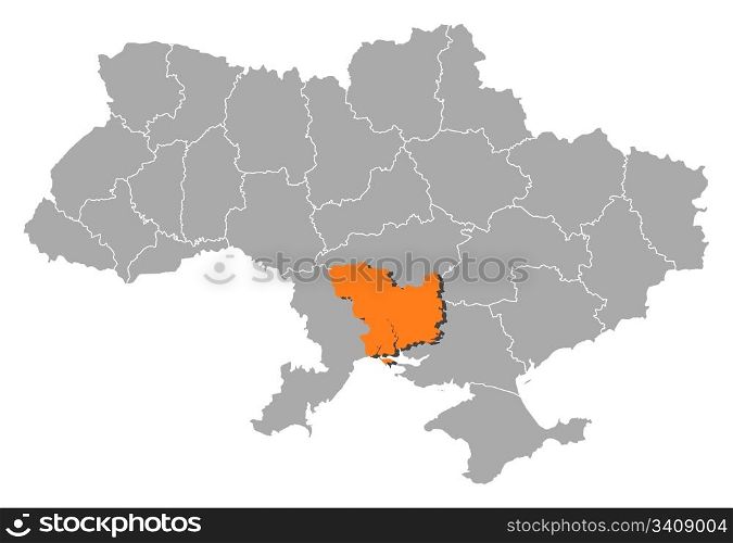 Map of Ukraine, Mykolaiv highlighted. Political map of Ukraine with the several oblasts where Mykolaiv is highlighted.