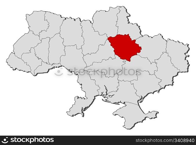 Map of Ukraine, Poltava highlighted. Political map of Ukraine with the several oblasts where Poltava is highlighted.