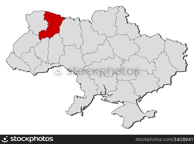 Map of Ukraine, Rivne highlighted. Political map of Ukraine with the several oblasts where Rivne is highlighted.