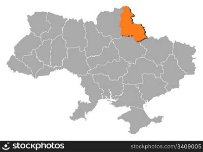 Map of Ukraine, Sumy highlighted. Political map of Ukraine with the several oblasts where Sumy is highlighted.