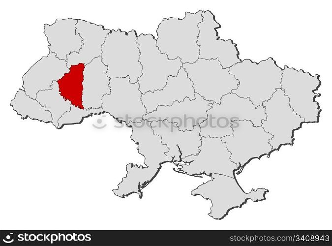 Map of Ukraine, Ternopil highlighted. Political map of Ukraine with the several oblasts where Ternopil is highlighted.