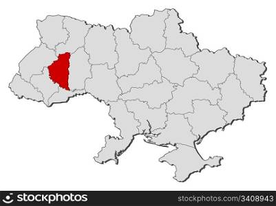 Map of Ukraine, Ternopil highlighted. Political map of Ukraine with the several oblasts where Ternopil is highlighted.