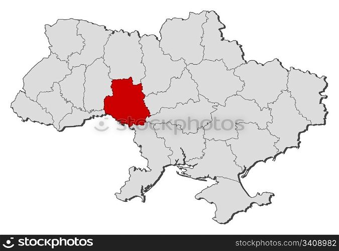 Map of Ukraine, Vinnytsia highlighted. Political map of Ukraine with the several oblasts where Vinnytsia is highlighted.