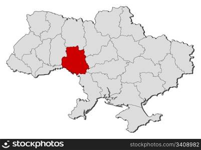 Map of Ukraine, Vinnytsia highlighted. Political map of Ukraine with the several oblasts where Vinnytsia is highlighted.
