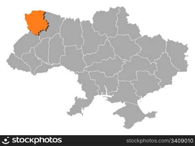 Map of Ukraine, Volyn highlighted. Political map of Ukraine with the several oblasts where Volyn is highlighted.