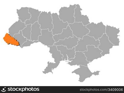 Map of Ukraine, Zakarpattia highlighted. Political map of Ukraine with the several oblasts where Zakarpattia is highlighted.