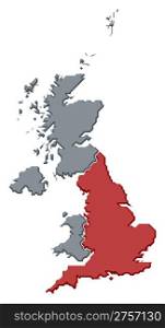 Map of United Kingdom, England highlighted. Political map of United Kingdom with the several countries where England is highlighted.