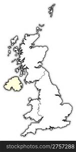 Map of United Kingdom, Northern Ireland highlighted. Political map of United Kingdom with the several countries where Northern Ireland is highlighted.