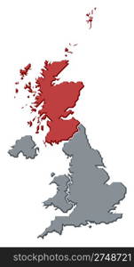 Map of United Kingdom, Scottland highlighted. Political map of United Kingdom with the several countries where Scottland is highlighted.